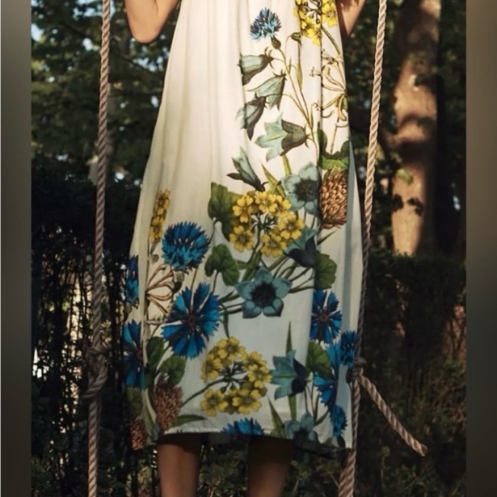 MAEVE Anthropologie botanical Maxi Dress with Blue and Yellow Floral, size small